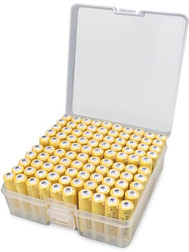 TOATELU 1 Stück Batterie Aufbewahrungsbox: Batterie Organizer Kunststoff mit Deckel, Hält 100 AA-Batterien, Transparent Batteriebox für Heimorganisation (15.5x14.95x5.45cm, Batterien Nicht Enthalten)
