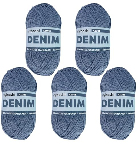 myboshi Denim, veganes Jeansgarn, recycelte Baumwolle zum Häkeln und Stricken, 50% recyceltes Denim, 50% Baumwolle (Bio), 50g, Ll 135m Blau (Azure) 5 Knäuel