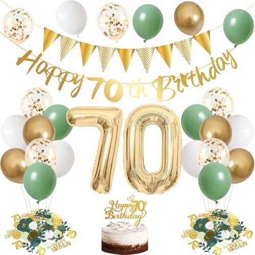 70. Geburtstag Deko Frau Mann Avocado Grün 70 Luftballons Geburtstags Grün Weiß Gold Luftballons mit Banner Dekorationen,Konfetti 70 Geburtstag Deko für 70 jahre Geburtstagsdeko
