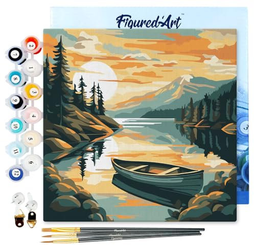 Figured'Art Mini Peinture par Numéro Adulte 20x20cm avec cadre Lac de montagne et canoë - Petit Format Kit de Loisir Créatif DIY Numéro d'Art Complet