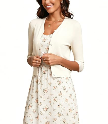 Yukiuiny Damen Strickjacke 3/4 Arm Feinstrick Cardigan mit Knöpfe Weiche Leichte Kurzjacke Basic Jacke für Büro Alltag Beige, L