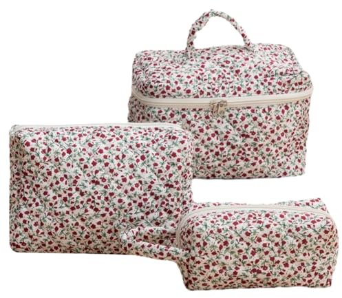 Lot de 3 Trousse de Toilette Matelassée Femme en Coton Doux, Trousse de Maquillage Fleurie, Trousse à Cosmétiques Matelassée à Fermeture Éclair, Trousse de Toilette Voyage de Grande Capacité (A)