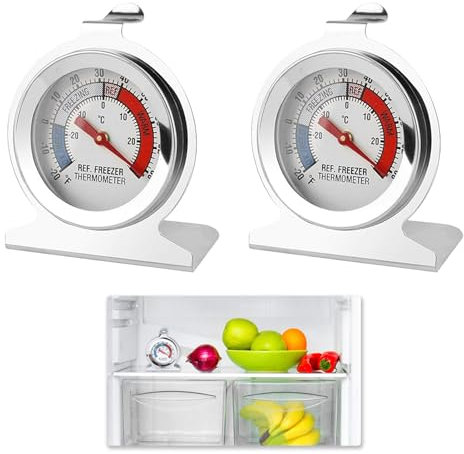 2 Stück Kühlschrank Thermometer Innen, Thermometer Gastronomie Edelstahl Großes, Zifferblatt mit Temperaturanzeige mit Haken und Ständer, Ideal für Heim Restaurantküchen, -20 to 80 °F/-30 to 30 °C