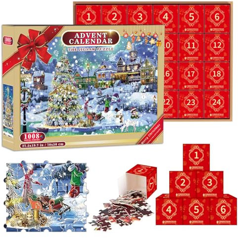 POPOYU Advent Calendar 2024 Christmas Jigsaw Puzzle for Kids and Adults Xmas Gift,1008 Pieces Xmas Puzzles in 24 Box 24 Days Christmas Countdown Jigsaw Puzzles Santa Claus Puzzles for Home Wall Decor