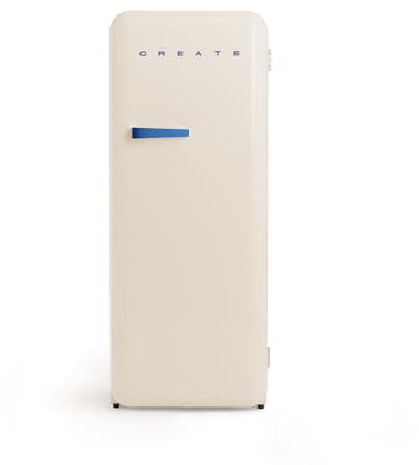 CREATE / RETRO FRIDGE 150 COBALT/Kühlschrank mit Gefrierfach 281L in Cremeweiß, Griff Kobaltblau / 102W, niedriger Energieverbrauch, 150cm, 3 Ablagen, Temperaturregelung,60x60x150cm
