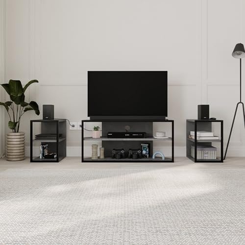 HOCUS PICUS TV Unit Set for TVs up to 43 Inches with 2 Storage Shelf Table, 3 Piece Free Combination Media TV Unit, Metal Frame Particleboard Corner TV Stand Set for Living Room Bedroom (Retro Grey)