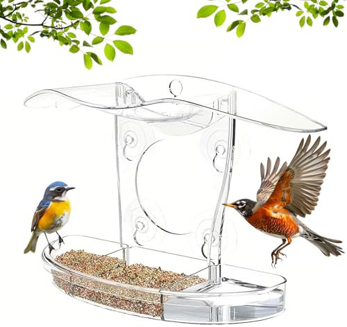 UDIANIS Window Bird Feeders with Detachable Seed Tray for Small Birds, Acrylic Clear Bird Feeders with Drainage Holes for Gardening Gifts, 4 Extra Strong Suction Cups