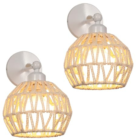 LIGKIN 2 Piezas Apliques de Pared Vintage Lámparas de pared Ratán Pantalla Metal Jaula, E27 Aplique Pared Interior Diseño Plafón Retro para Pasillo Escalera Cocina, Blanco