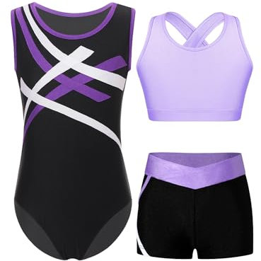 Yruioon 3 Stück Mädchen Turnanzug Ärmellos Gymnastikanzug Streifen Gymnastik Leotard + Sport BH Tops + Shorts Turnen Gymnastik Kleidung A Lila 146-152