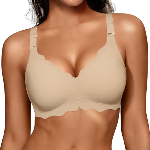 OEAK Women Jelly Bras No Underwire Scalloped Push Up Buttery Soft Tshirt Bra Seamless Full Coverage Convertible Everyday Bra Semolina,S