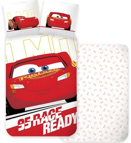 Disney Cars Lightning McQueen Bettwäsche-Set für Einzelbett, Bettbezug 140 x 200 cm + Kissenbezug 60 x 65 cm, 100 % Baumwolle, weiche und atmungsaktive Bettwäsche, buntes Kinderzimmer-Dekor