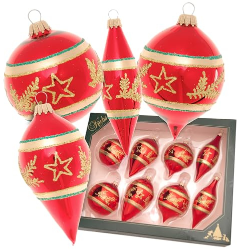 Krebs Glas Lauscha - Weihnachtsdekoration/Christbaumschmuck aus Glas - Kugeln und Tropfen Glasformenset mit Stern und Tannenast - Farbe: Gold/Rot - Größe: ca. 7-10 cm