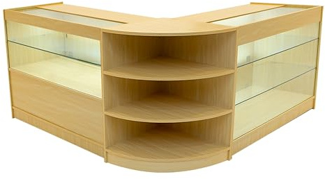 Maple Shop Counter Set Calliope LED Light K1200 C1200 LM60 120cm 60cm W Lockable Sliding Doors Keys 3 Retail Storage Units Glass Display Showcase Cabinet Corner Clothing Jewellery Shelves Lighting