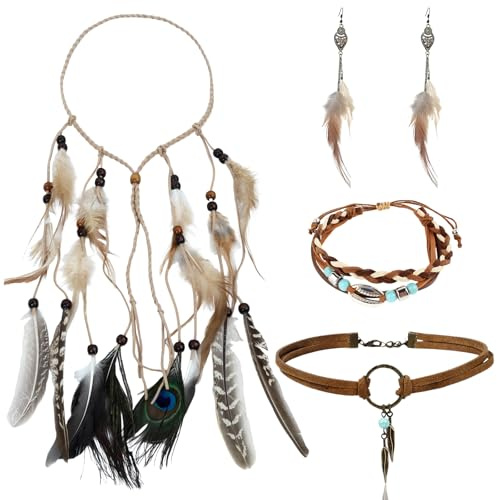 Kitimi Boho Indianer Schmuck Set, Kopfschmuck mit Federn & Leder Choker - Hippie Feder Stirnband & Traumfänger Ohrringe, Karneval & Festival Schmuck Set