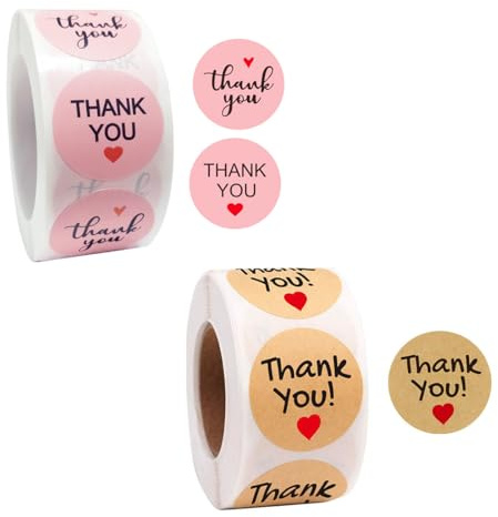 OPVYAEU Adesivi Thank You 2 Rotoli, 1000 pezzi, adesivi rotondi marrone e rosa, etichette personalizzate per regali, fai da te e decorazioni festa