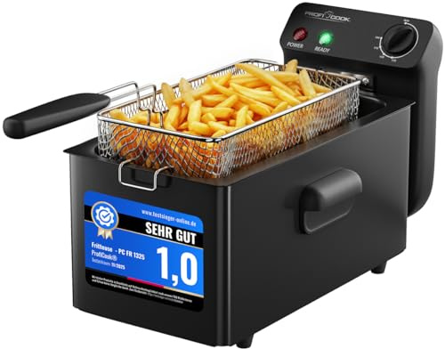 Friggitrice ProfiCook con grasso | 130-190 °C | Friggitrice con olio | 2000 W | 3 l | Coperchio antispruzzo | Friggitrice con zona fredda | Completamente smontabile | PC FR 1325 nero