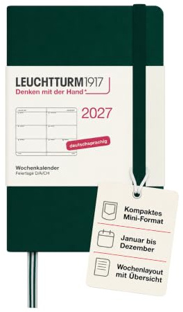 LEUCHTTURM1917 Wochenkalender 2027 Mini (A7) - Deutsch, Forest Green, Hardcover, 70 x 110 mm, 12 Monate - Januar-Dezember 2027, 1 Woche pro Doppelseite, 80 g/m² Papier mit hoher Tintenverträglichkeit | 70x110 mm, 144 Seiten, säurefreies Papier, 1 Woche pro Doppelseite, Schulferienübersicht