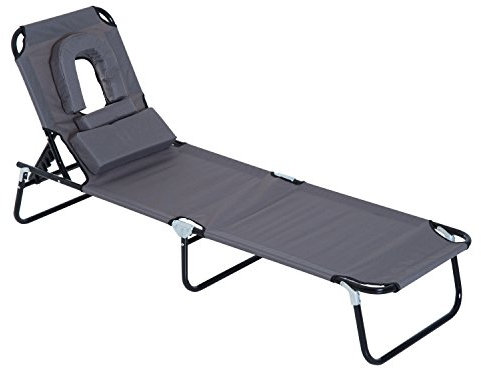 Outsunny Sonnenliege klappbar Gartenliege mit Kopfkissen Liegestuhl mit 4-Fach verstellbare Rückenlehne Campingliege mit Gesichtsloch Gartenstuhl bis 120kg belastbar für Garten, Balkon Grau