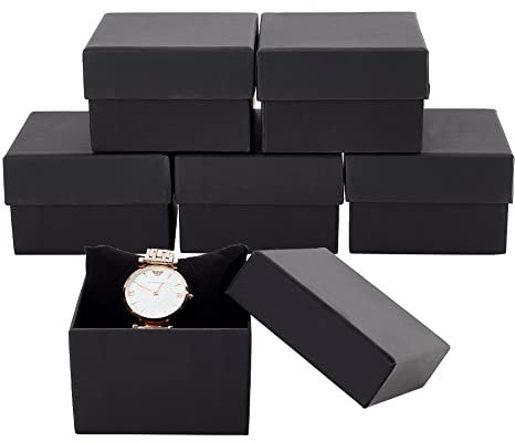 BENECREAT 6 Pack Schwarz Matt Kraft Karton Schmuckschatullen Geschenkboxen mit Samt gefüllt für Armbanduhr quadratische Form, 8.7x8.7x5.5cm