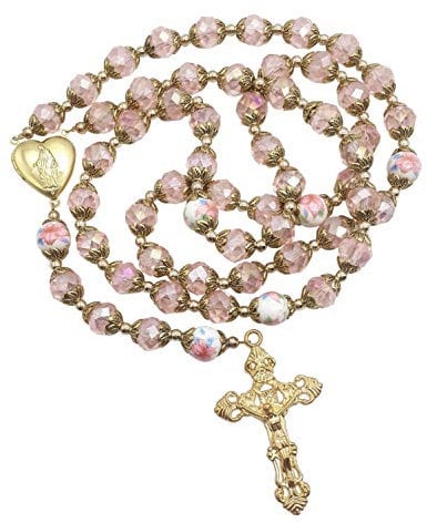 Nazareth Store Katholische Rosa Kristall Perlen Gold Rosenkranz Blumen Perlen Halskette Holy Mary Herz Medaillon Medaille & Kreuz Religiöses Amulett für Frauen