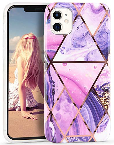 Imikoko iPhone 11 Case 6.1 Inch Purple Marble Shiny Rose Gold Design Glitter Sparkle Clear Bumper Case Glossy TPU Soft Rubber Silicone Cover for Girls Women - Purple Pink Splice
