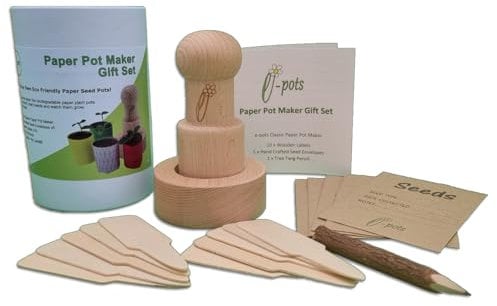 e-pots Paper Plant Pot Maker Set. Plus wooden labels, seed envelopes and twig pencil. Makes fun biodegradable plant pots from scrap paper.