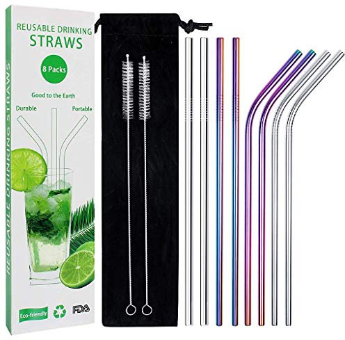 Pajitas (Caña) reutilizables de acero inoxidable, 8 piezas de conjunto con 2 cepillos limpios, aprobado por FDA, ecológica,color plata y Arco iris (8,5 pulgada).