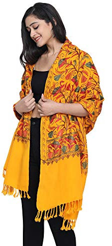Zamour 6304 Kaschmir-Schal für Damen, Stola, Schal mit indischer Blumenstickerei, gelb, Large