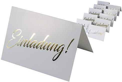 codiarts. 10 Einladungskarten + 10 Umschläge weiß, Einladung als goldene glänzende Heißprägung, Einladung für Hochzeit, Geburtstag, Firmung, Geburtstag, Party, Jubiläum (Karte A6 zum aufklappen)