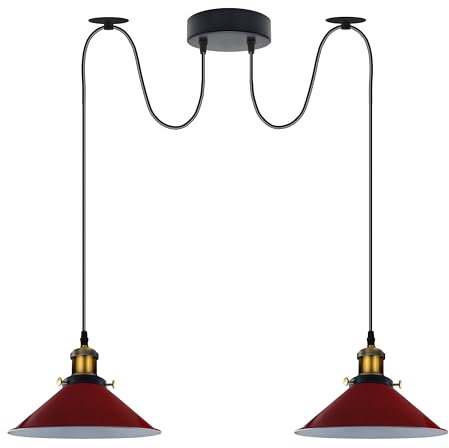 LEDSone Lampada a sospensione industriale doppia, regolabile, a 2 teste, con cavo da 200 cm, attacchi E27, paralumi in metallo per cucina, sala da pranzo, soggiorno, bar, caffetteria (Rosso)