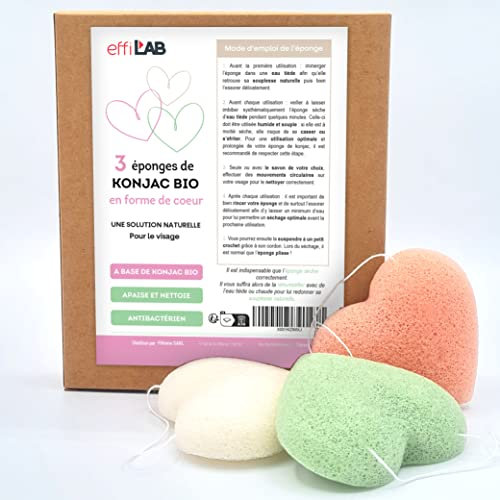 effiLAB | 3er Pack Bio Konjac Schwamm in Herzform in verschiedenen Farben | Set mit 3 Schwämmen Herzen | Natürlicher pflanzlicher Schwamm, sanfte Reinigung, Liebe…
