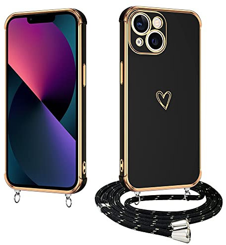 E-Lush Handyhülle für iPhone 13 Hülle mit Band, Handy Hülle für iPhone 13 mit Kette Schutzhülle Herz Love Muster Galvanik Silikon Stossfest Case mit Kordel zum Umhängen Kameraschutz Cover, Schwarz