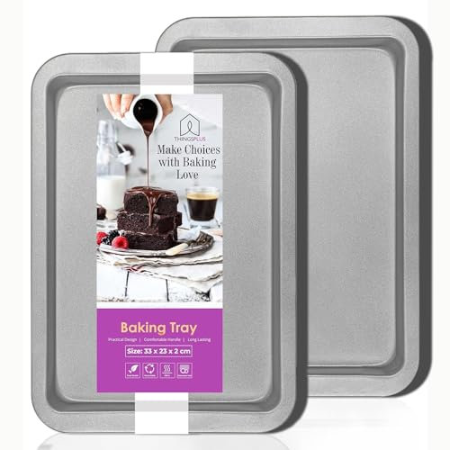 ThingsPlus Set of 2 Baking Trays for Oven Non Stick, Premium Carbon Steel Oven Trays Non Stick with Teflon Coating, Durable & Easy-Clean NonStick Baking Tray Set for Cookies & Savories (32x22x2cm)