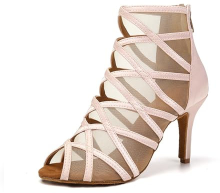 TINRYMX Stivaletti da Ballo Latino Donna Raso delle Punta Aperta Salsa Tango Professionale Ballroom Feste,YCL445-Rose-8.5cm,40 EU