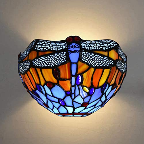 Tiffany Wall Light 12 inch Blue & Amber Dragonfly - Stained Glass Sconce | Tiffany wall sconce with handcrafted stained glass shade. For hallway, corridor, lounge, bedroom or stairway.