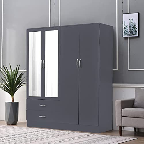 PALAKLOT Modern High Gloss 4-Door Wardrobe with Mirror - Available in White, Grey, or Black - 52D x 154W x 182.5H cm (Grey)