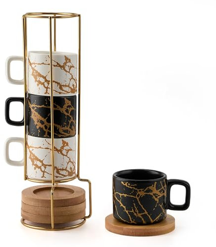 LUKA Porcelain Espresso Cup with Saucer and Metal Stand, 4 Ounce Stackable Ceramic Demitasse Espresso Mugs Cups Set for Latte, Specialty Coffee Drinks, Cafe Mocha - Set of 4, White & Black