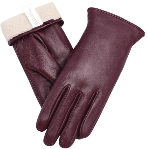 Ymmchy Touchscreen Handschuhe für Damen Warme Lederhandschuhe Gefüttert Winter SMS-Handschuhe Weinrot L