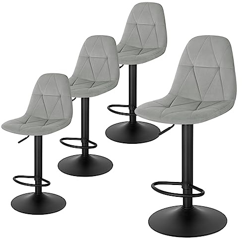 Lestarain Barhocker 4er Set, Tresenhocker, Bistrohocker, Design-Hocker mit Rückenlehne, höhenverstellbar, 360°Drehhocker, Barstuhl mit Samtbezug, aus Metall, Sitzhöhe 60-81 cm, hellgrau