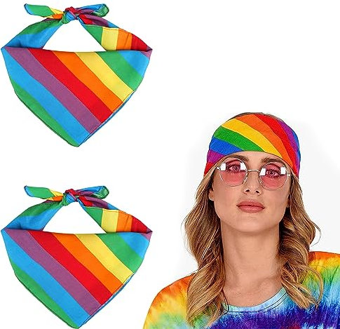 AKONE 2 Stück Regenbogen Bandana, LGBTQ Pride Bandana Zubehör, Buntes Streifen Bandana Kopftuch, LGBT Regenbogen Bandana Quadratisch