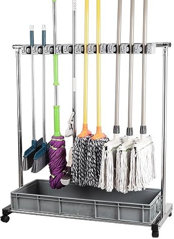 ZAQYCM Floor Tool Storage Cart on Wheels, Broom and Shovel Holder for Garage, Outdoor Corner Garden Tool Organizer with Plastic Tray, Stand Up Mop Hanger for School (Size : 18 Pole Clip)