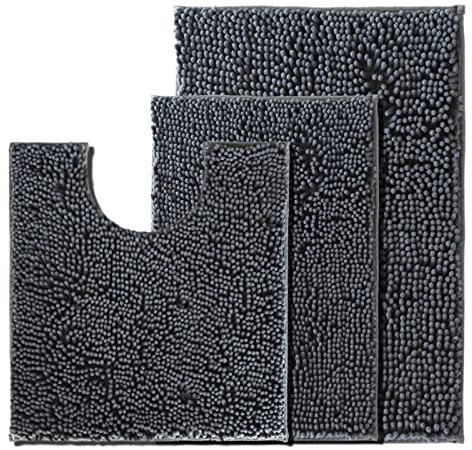 Chenille Bath Mat Set - Non Slip, Extra Soft, Water Absorbent Pedestal & U Shape Bathroom Toilet Rugs - Machine Washable - Dark Gray