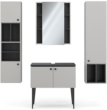 Vicco Badmöbel-Set Grau Gerta, bestehend aus Bad Spiegelschrank, Waschbeckenunterschrank, Midischrank, Hängeschrank - Harmonische Farb- und Materialkombinationen