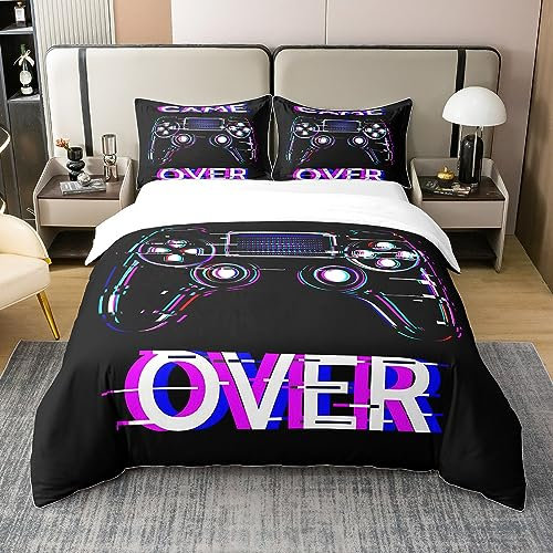 Spiel 100% Baumwolle Bettbezug 155x220,Lila Gamer Gaming Bettwäsche Set,Moderne Gamepad Tröster Abdeckung für Kinder Jungen Männer,Hippie Videospiel Weiche Atmungsaktive Bettwäsche Abdeckung