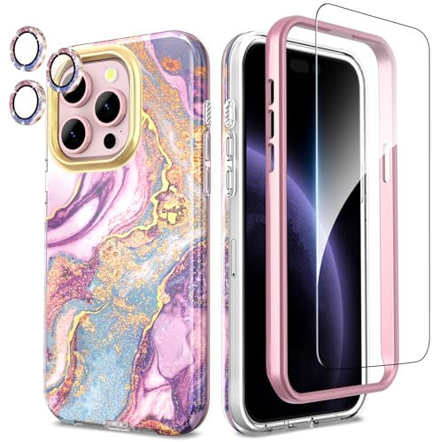 SHEDEER 4-in-1 iPhone 15 Pro Case with Screen Protector + Bumper & Camera Protector | Military-Grade Shockproof 360° Protection, 15 Pro Case Glossy Fade-Resistant Pattern Design (Purple)