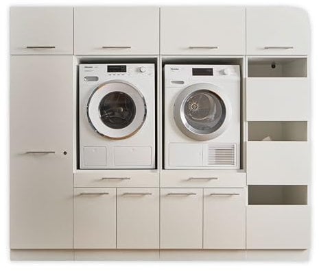 LAUNDREEZY 2x Waschmaschinenschrank, Wäscheschrank, Mehrzweckschrank und 4x Schrankaufsatz, Weiß - Waschmaschinen-Überbauschrank TÜV-zertifiziert mit viel Stauraum - 235 x 200 x 67,5 cm (B/H/T)