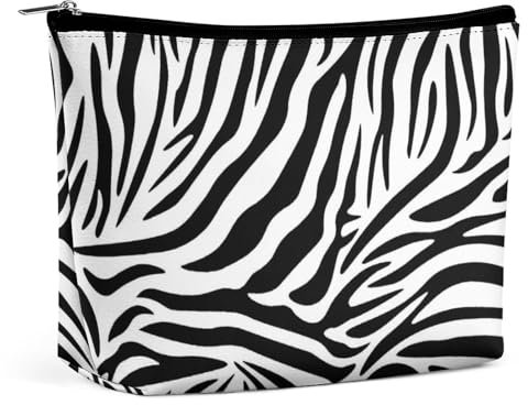 PU Leder Make-up Tasche, Tragbare Kosmetiktaschen, Schwarz Weiß Einfache Zebra Waschtasche für Männer und Frauen, Weiß Schwarz Einfaches Zebra