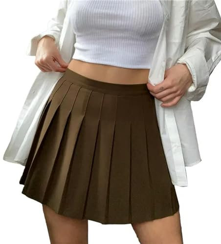 Frauen Hohe Taille Faltenrock Sommer Herbst Lässige Kawaii A-Linie Plaid Röcke Japanische Schuluniform Miniröcke-Dunkelbraun-S