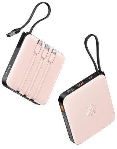 VRURC Batterie Externe 20000mAh avec 4 Câbles Intégrés Mini Power Bank USB C 22.5W Charge Rapide Batterie Portable avec Affichage LED pour iPhone Samsung Huawei Xiaomi (Rose)