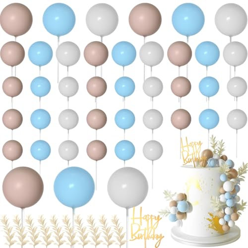 MIAHART Kugel-Kuchenaufsätze, Boho-Gras-Kuchenaufsatz, Dekoration für Geburtstag, Hochzeit, Babyparty, Party-Dekorationen, Boho-Motto-Partyzubehör (Khaki, Weiß, Hellblau)